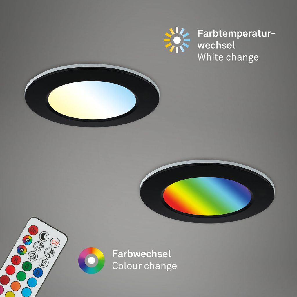 RGB-CCT LED-inbouwlampset, Ø9,2 cm, 3x LED, 4,8 W, 450 lm, zwart