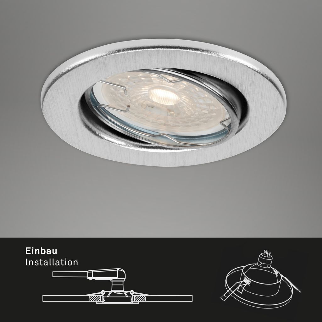 LED downlight set 3-flame "DIMM" I metal / aluminium coloured I incl. 3 x LED/GU10 5,5W 400lm 3.000K I Lifetime 25.000 h, Ra>=80 I dimmable I pivotable I IP23 I 86x70mm (DxH) I 60mm installation depth I 68mm (D) installation dimension