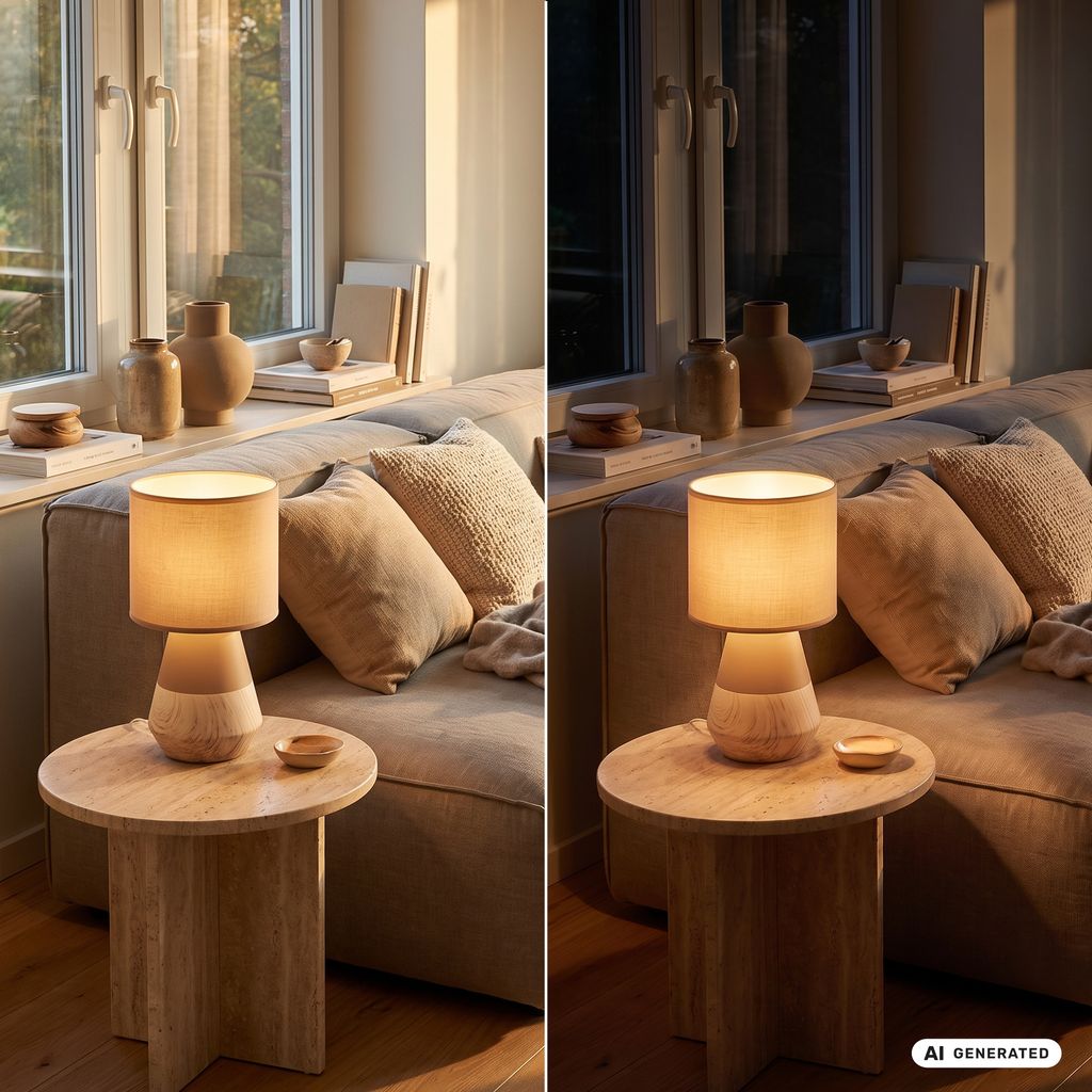 Linda Tischlampe - mit Schalter, Keramik, E14 Fassung, Beige-Holzoptik