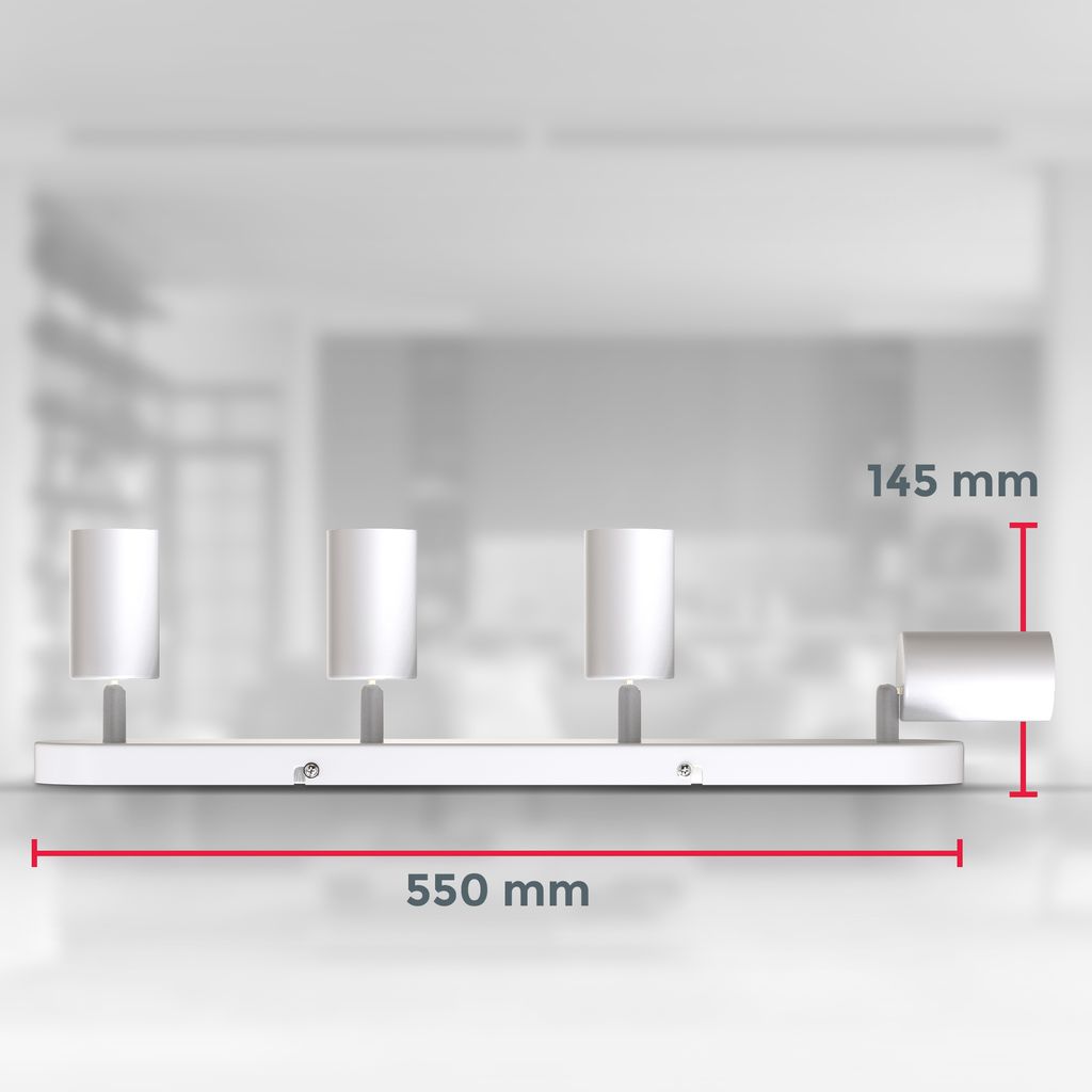 Ceiling Light, 4 Rotatable Spots, GU10 Sockets, Bulbs not Included, Spotlight for Kitchen, Dining Room & Bedroom, White Lamp, Metal Spot Bar, 55cm/21.6in long, Swivel Design IP20 230V