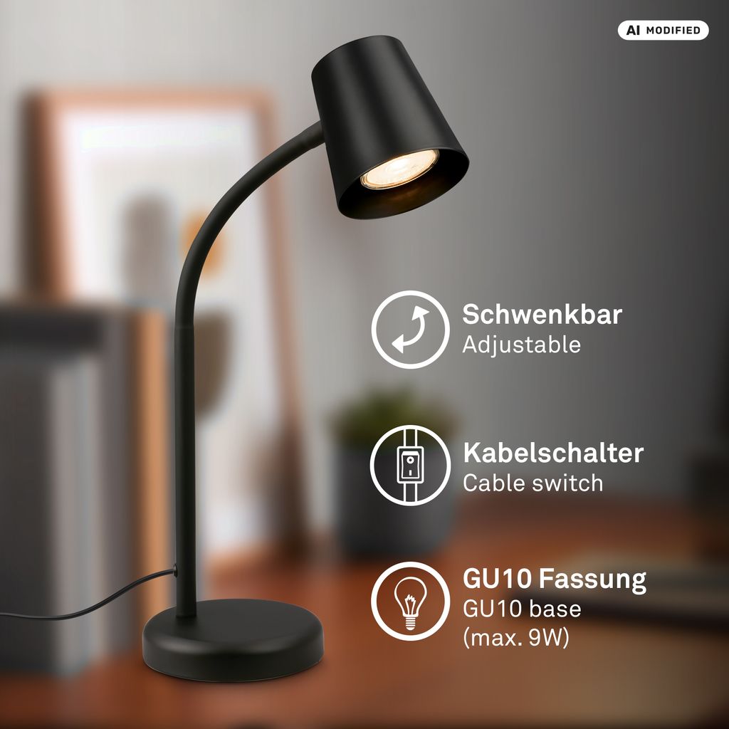 Tischleuchte, 38,5 cm, 1x GU10, max. 9W, schwarz