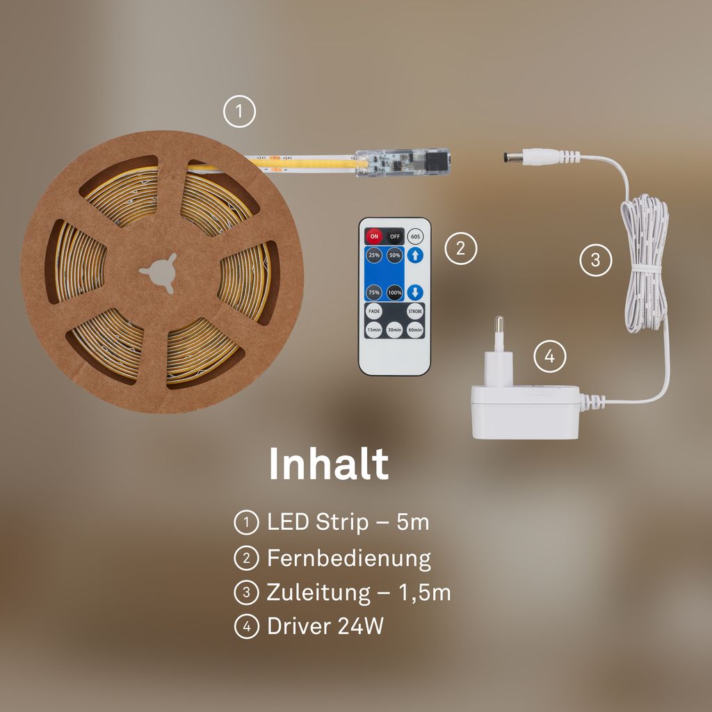 COB LED Streifen 5 m - Dimmbar, Fernbedienung, Warmweiß, Kürzbar, Weiß