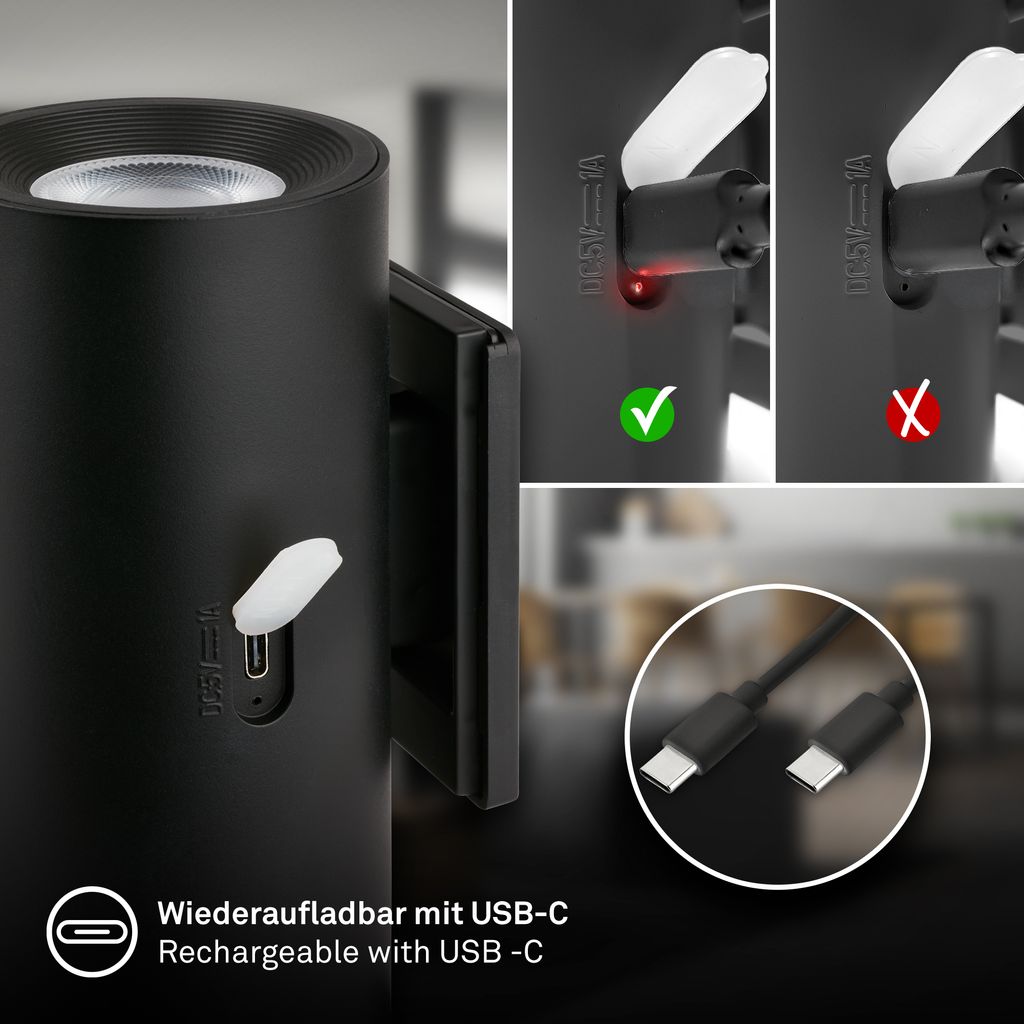 Isy Wandlampe - 2W, 140lm, Akku, LED, Touch, Dimmbar, 2er Set, Schwarz