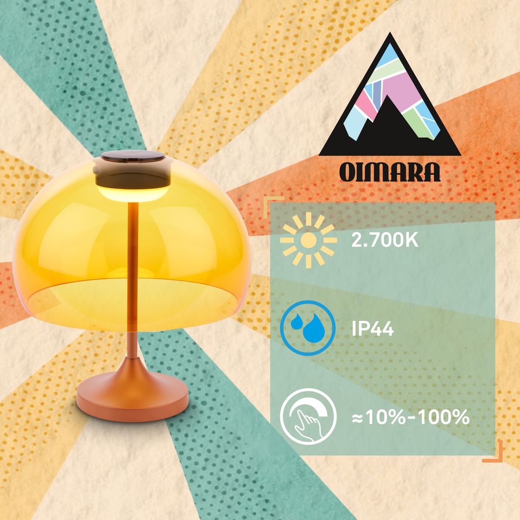Oimara Tischlampe - Akku, LED, Dimmbar, Touch, inkl. Getränkehalter, IP44, Warmweißes Licht, Orange