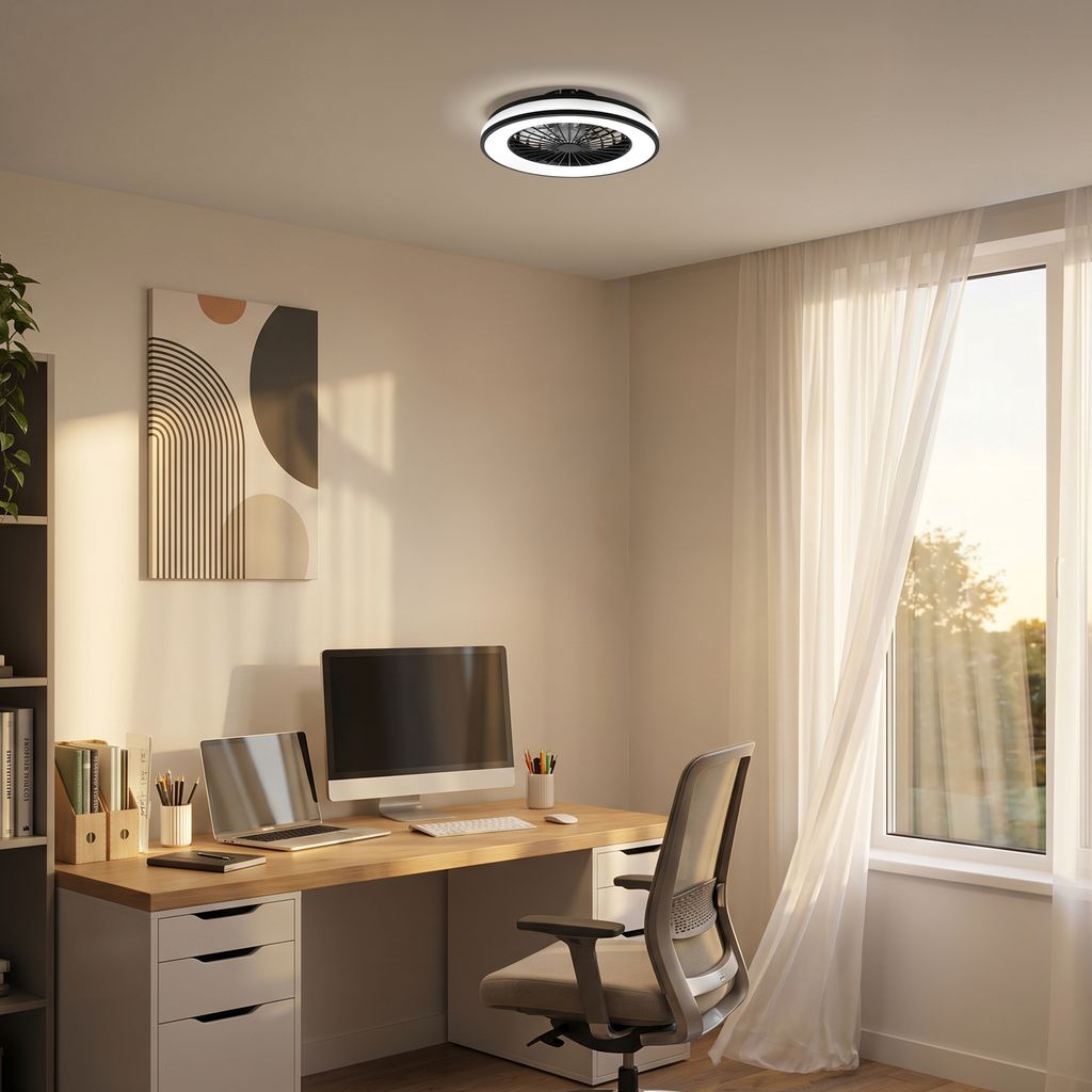 LED Ceiling Fan Light, CCT 3000–6500K, Remote Control, Timer, Black