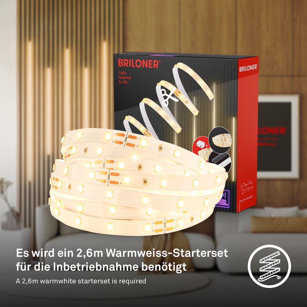 Erweiterungs-SET LED Strip An/Aus für Wandpaneele 260 cm, Warmweiß, kürzbar, selbstklebend, Weiß