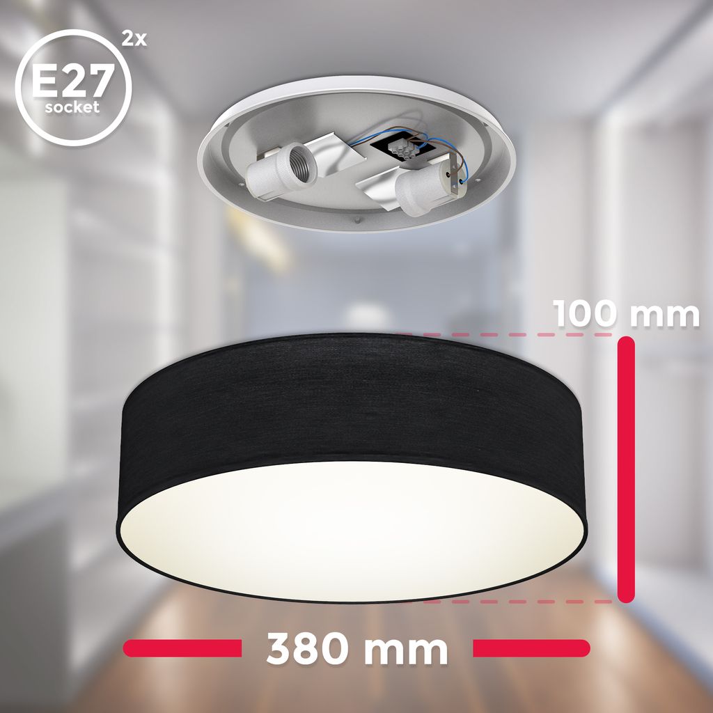 B.K.Licht Ceiling Lamp Shade, Ø38cm/15in, Black Fabric, 2 E27 sockets, Bulbs not Included, Flush Mount Ceiling Fitting, Modern Light Fitting for Bedroom, Living Room, Dining Area, IP20