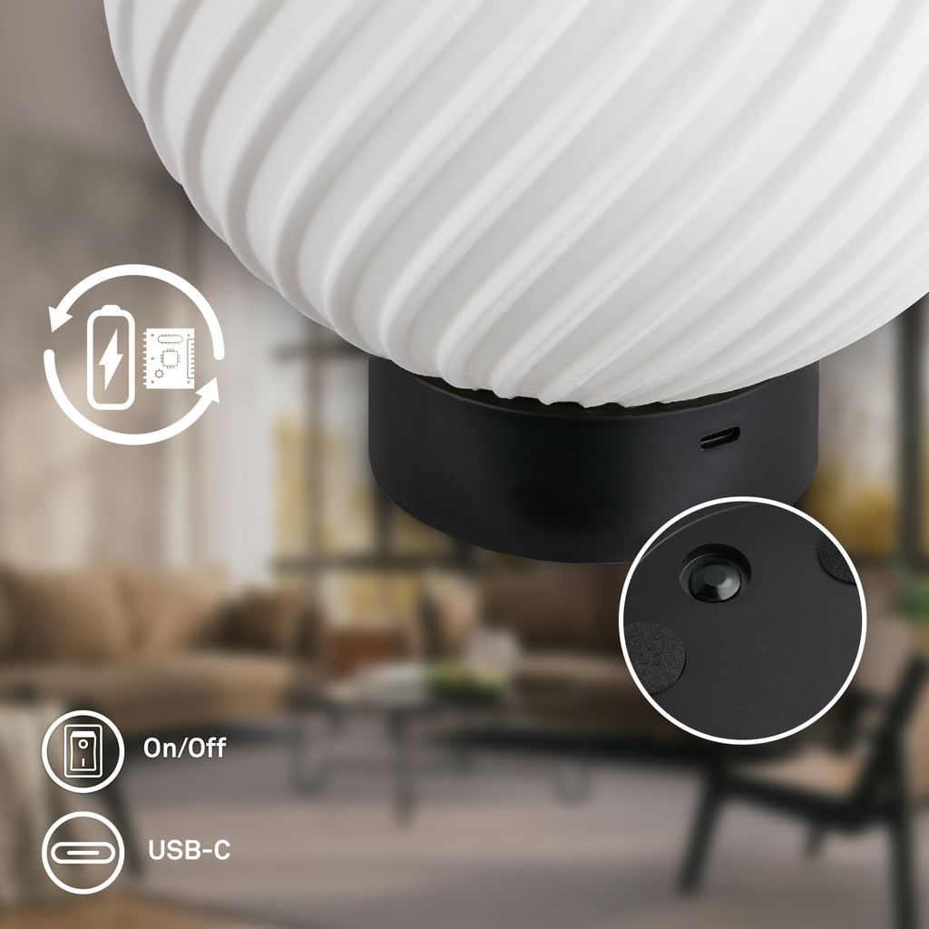 Globe Tischleuchte - 2W, 150lm, Akku, LED, Touch, Dimmbar, 3D-Druck, Schwarz