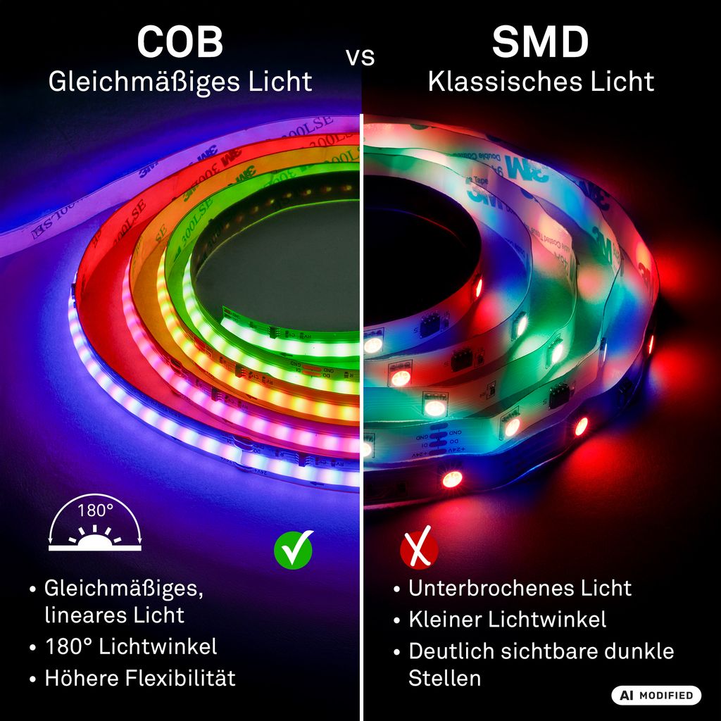 COB LED Streifen 5 m - Dimmbar, Fernbedienung, Warmweiß, RGBIC Farbwechsel, Weiß