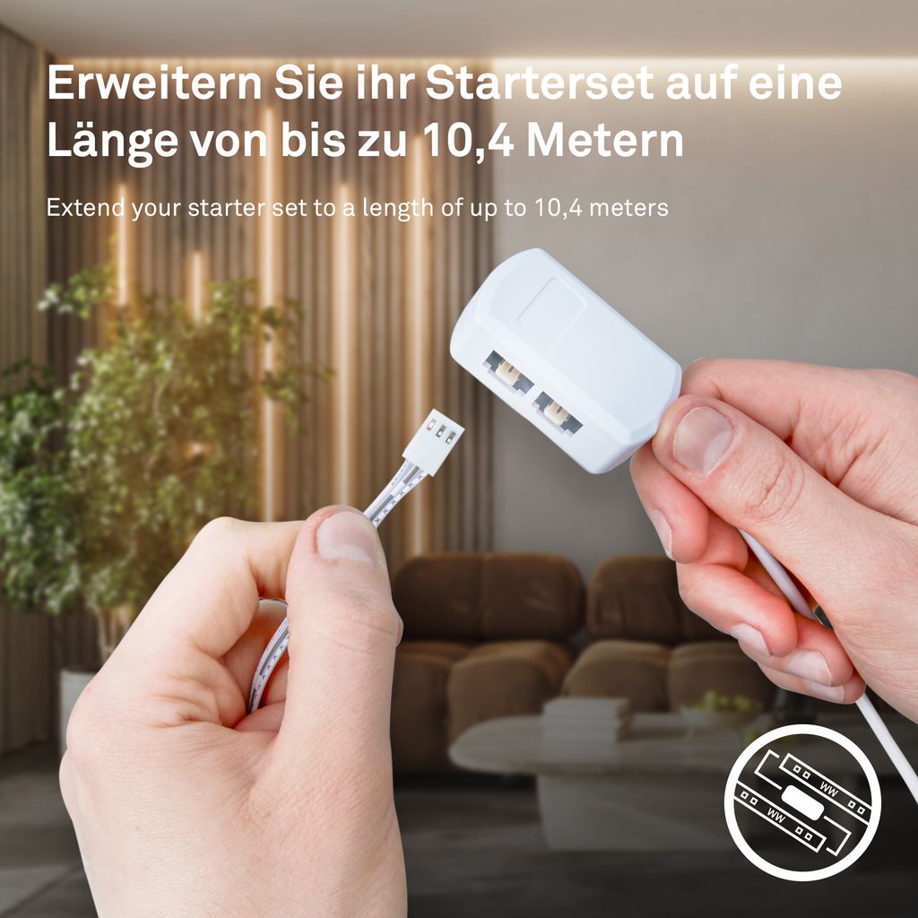 Erweiterungs-SET LED Strip An/Aus für Wandpaneele 260 cm, Warmweiß, kürzbar, selbstklebend, Weiß