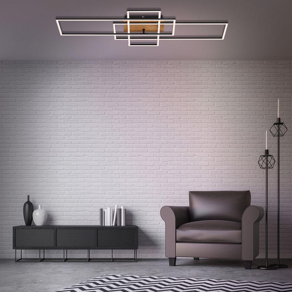 Frame LED ceiling light, dimmable, CCT, remote control, wood-metal colour