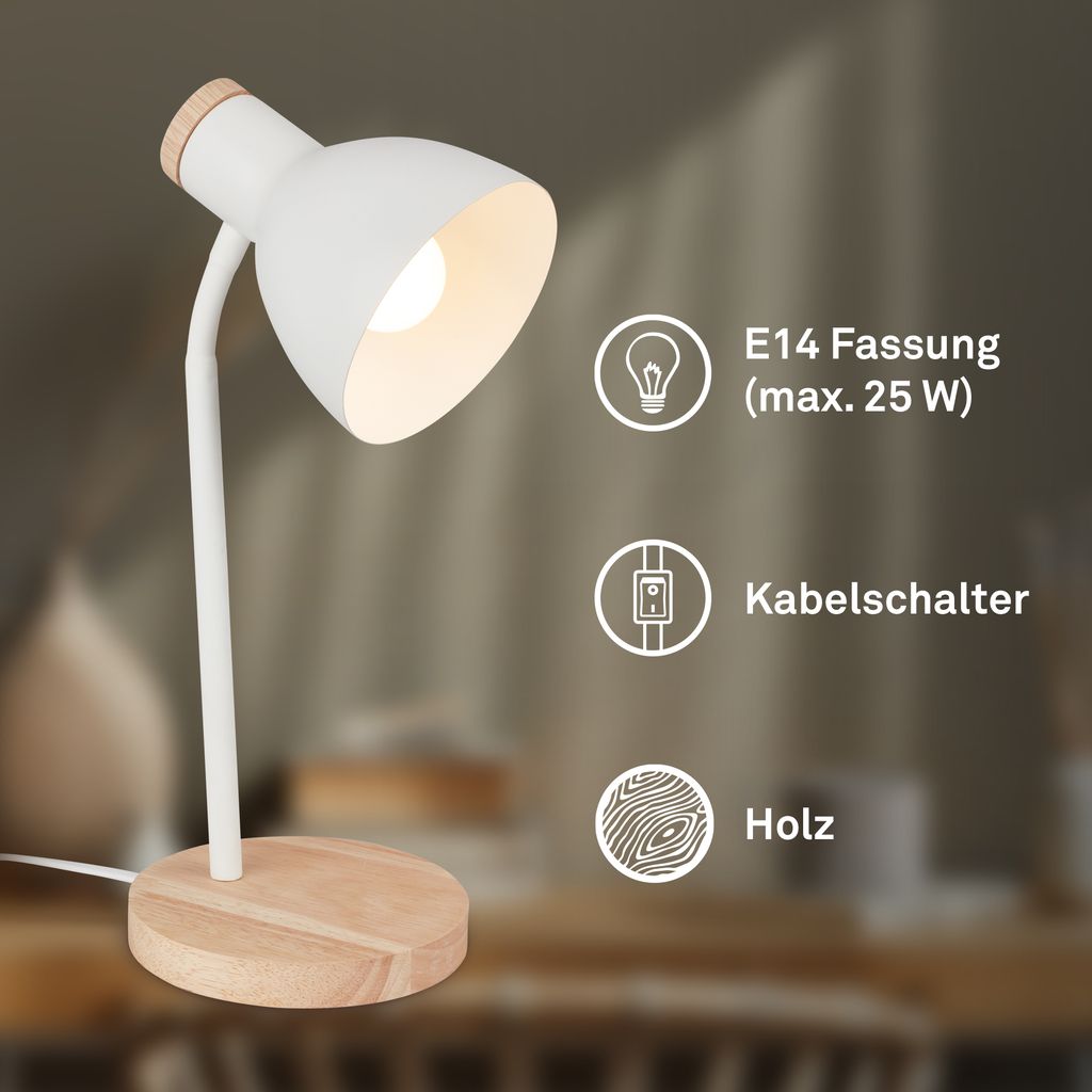 Prep Tischlampe - mit Schalter, E14 Fassung, max. 10W, Weiß-Holz