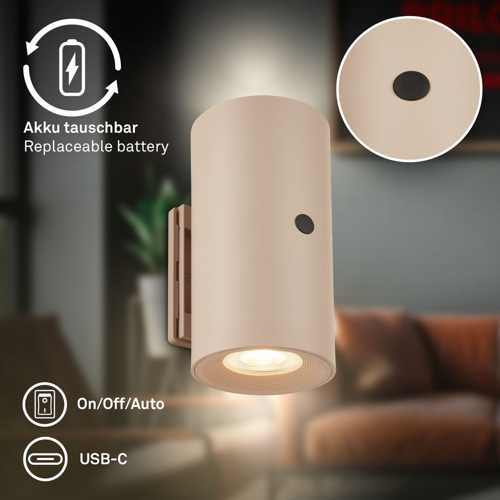 Isy Wandlampe - 2W, 140lm, Akku, LED, Touch, Dimmbar, 2er Set, Beige