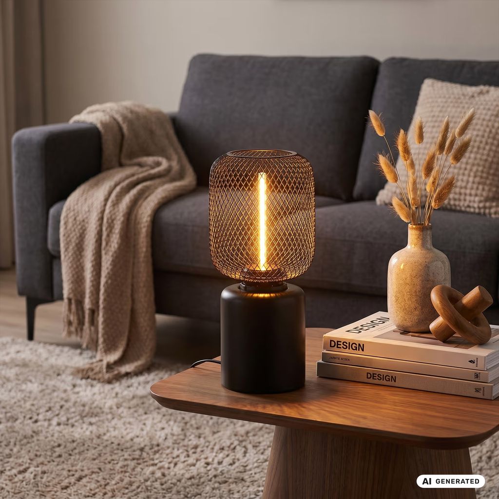 Rist Tischlampe - mit Schalter, Drahtgeflecht, E27 Fassung, Schwarz