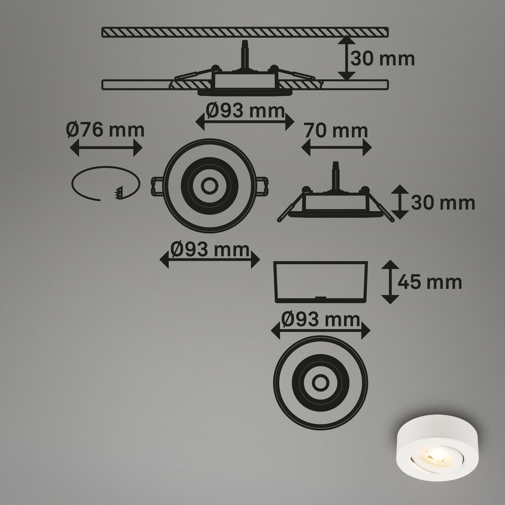 LED Einbaustrahler & Aufbauspot Ø90 mm, 5W, 230V, Warmweiß, schwenkbar, Weiß