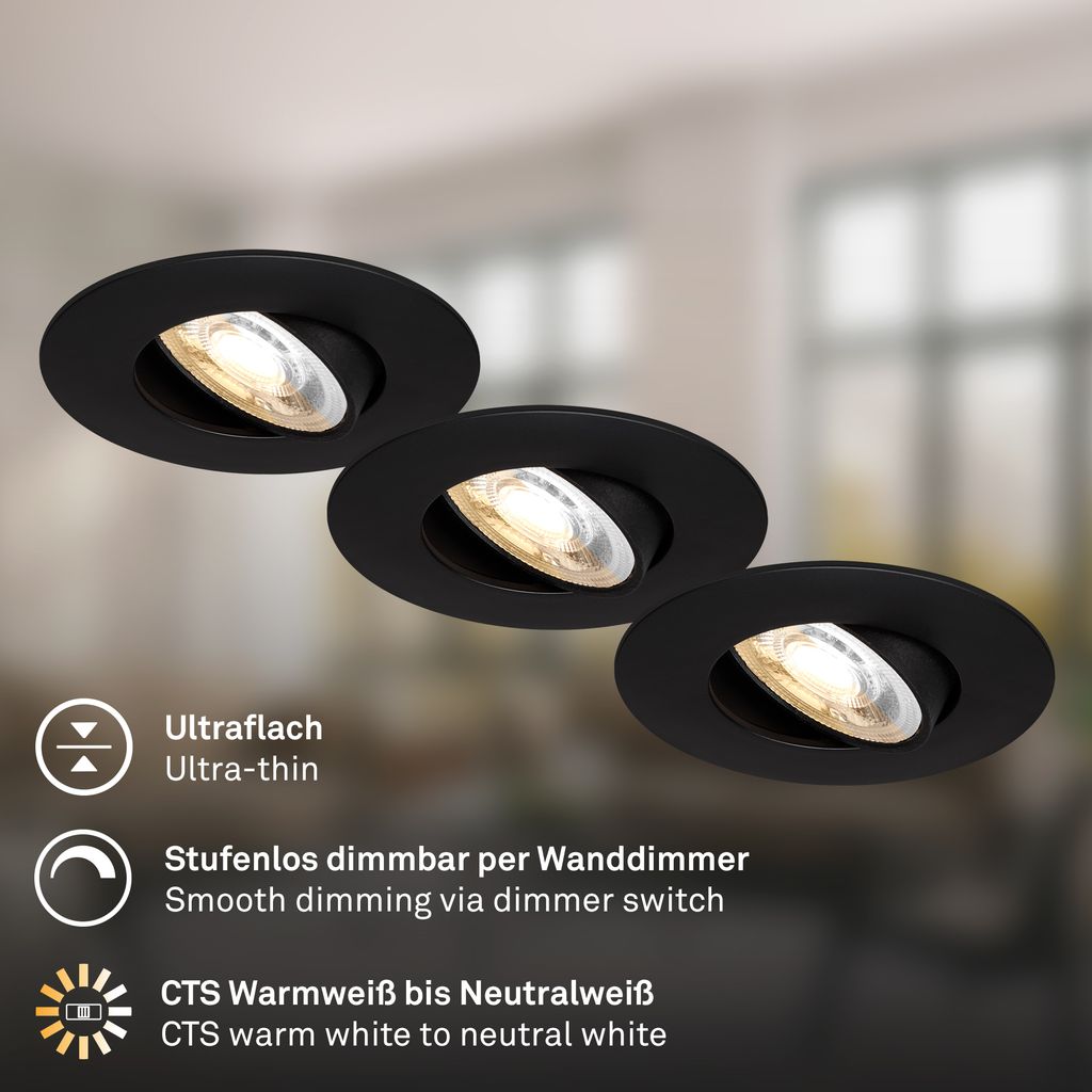 Dimara LED Einbaustrahler 68mm 3er Set - 230V, 4,9W, 460lm, CTS Schalter, Dimmbar, Schwarz