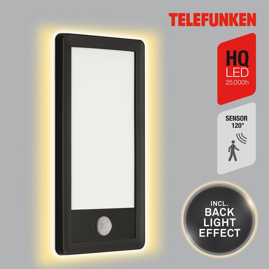 Sensore a LED Telefunken Lampada da parete da esterno, 28 cm, 16 W, nero