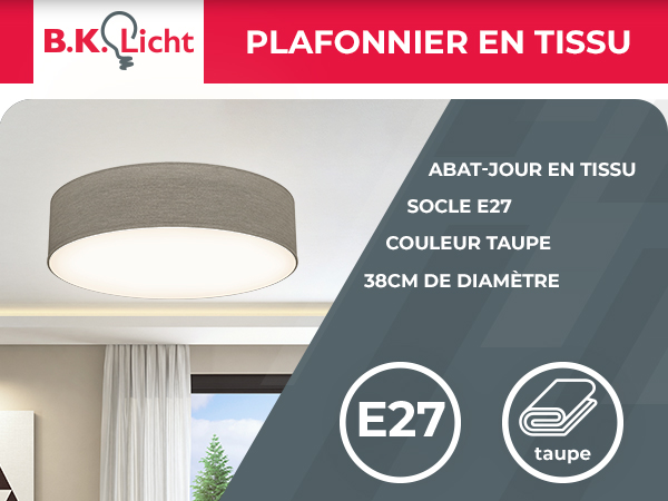 B.K.Licht Ceiling Lamp Shade, Ø38cm/15in, Grey-Brown Fabric, 2xE27 sockets, Bulbs not Included, Flush Mount Ceiling Fitting, Modern Light Fitting for Bedroom, Living Room, Dining Area, IP20