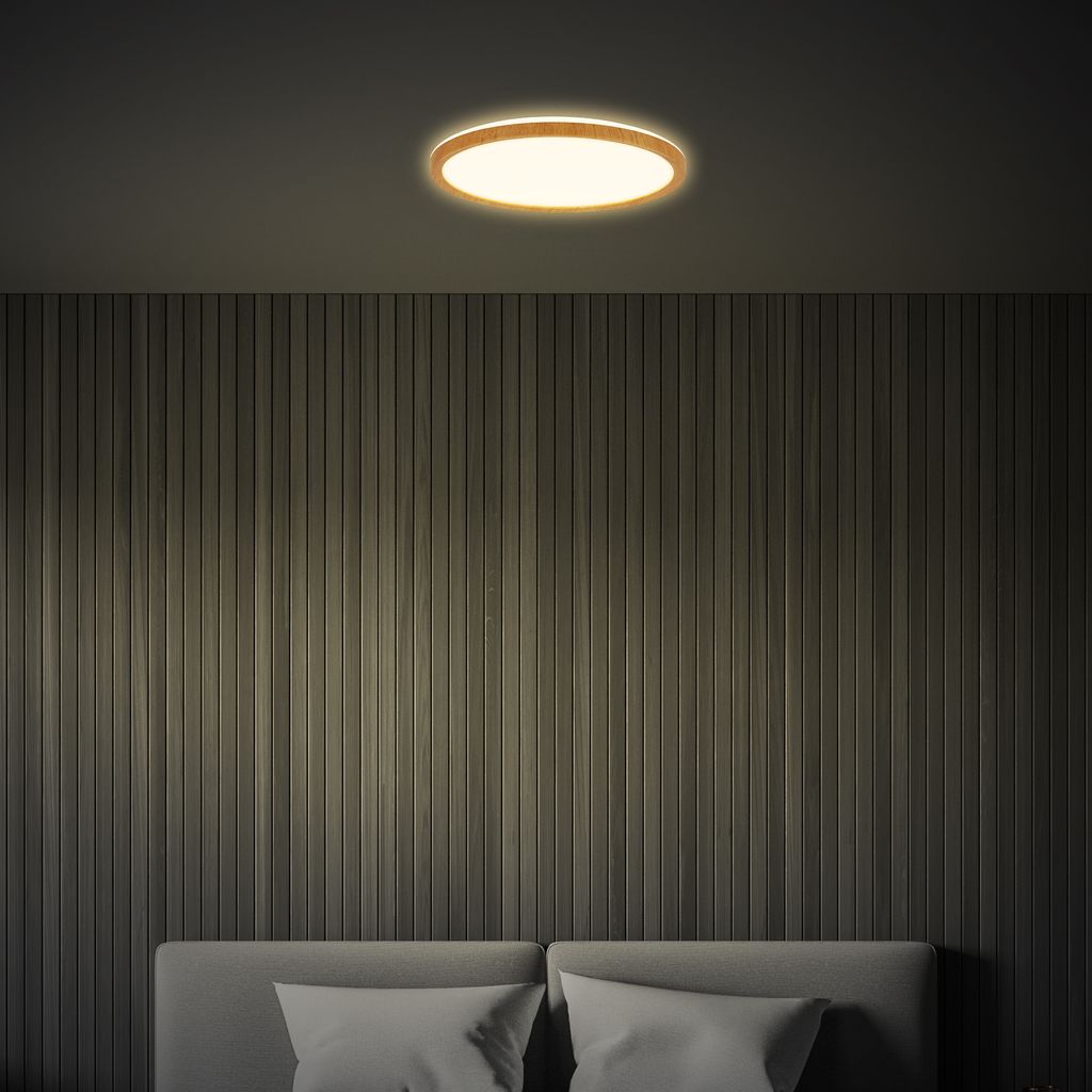 Tava Wood LED Deckenlampe, Backlight, Flach, Holzoptik, Rund 29 cm