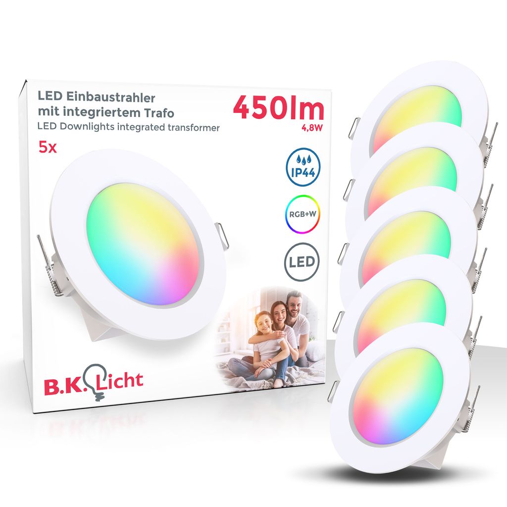 Einbaustrahler 70mm 5er Set - 230V, 4,8W, 450lm, LED, dimmbar, Fernbedienung, RGBW, weiß