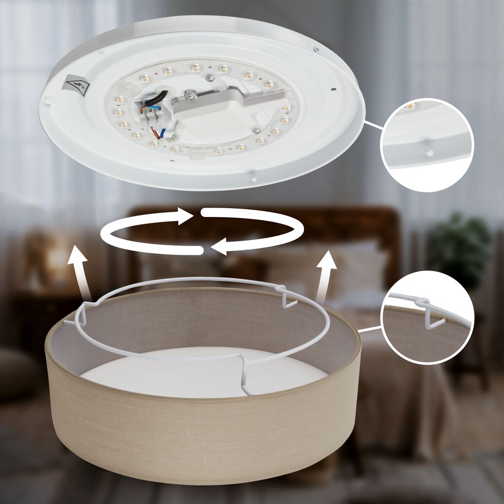 Duck Deckenlampe Ø30 cm - 16W, 1800lm, LED, Warmweiß, Stoffschirm, Taupe