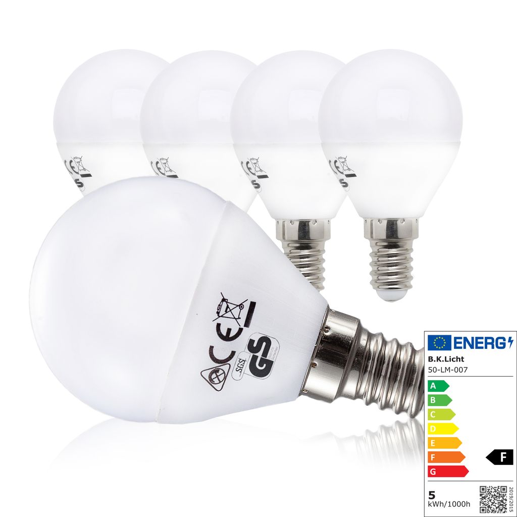 LED Glühbirne E14 5er Set - 4,9W, 470lm, 3000K warmweiß, weiß