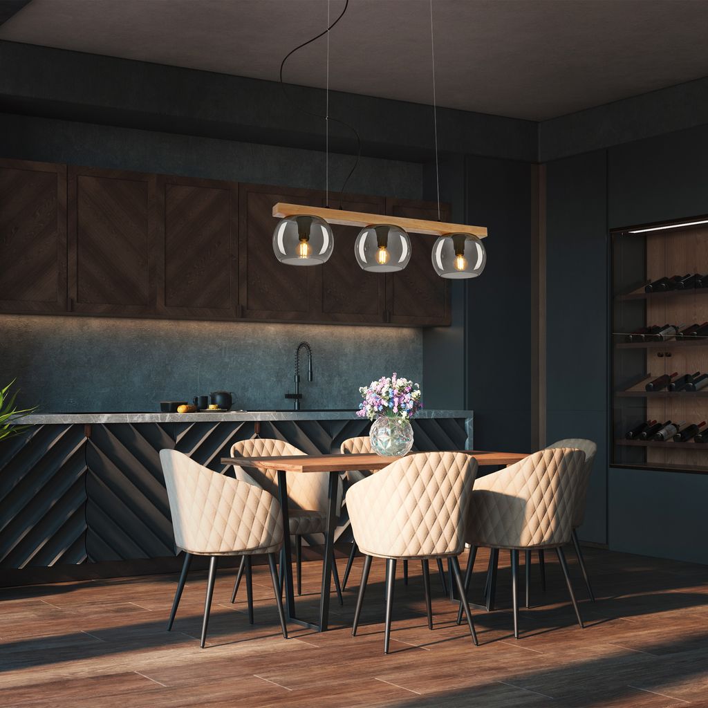 Briloner Leuchten KYRO Pendelleuchte 3x E14 Dimmbar Metall-Glas-Holz Holzfarben-Smoke 7