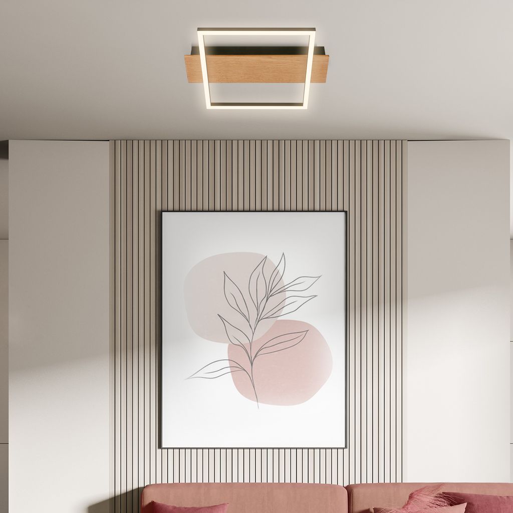 Kada LED Deckenlampe, Holzdekor, warmweißes Licht, Eckig 34x26 cm, Schwarz-Holz