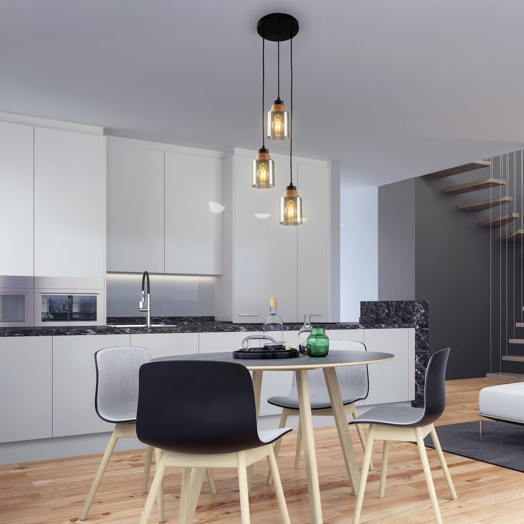 Pendant light. with wood. smoked glass. 3xE27/max. 4