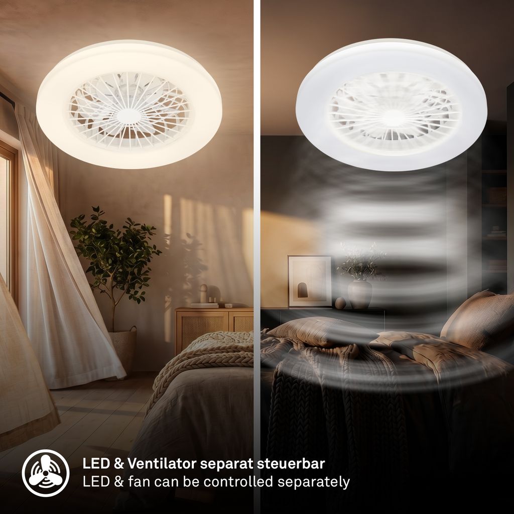 LED Ceiling Fan Light, CCT 3000–6500K, Remote, 5 Speeds, Timer, White