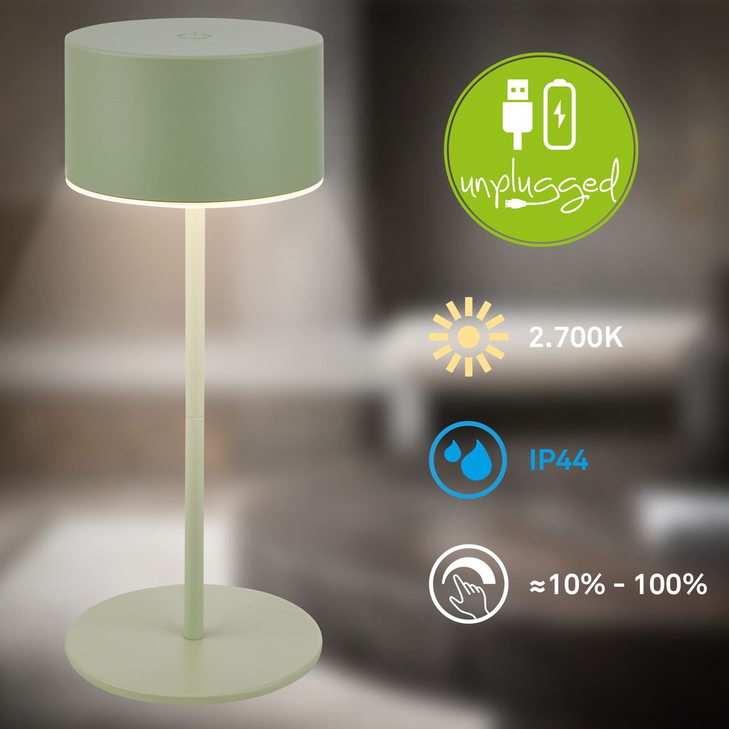 Kira Table Lamp - 2.6W, 150lm, Rechargeable Battery, LED, Touch Control, Dimmable, Sage Green