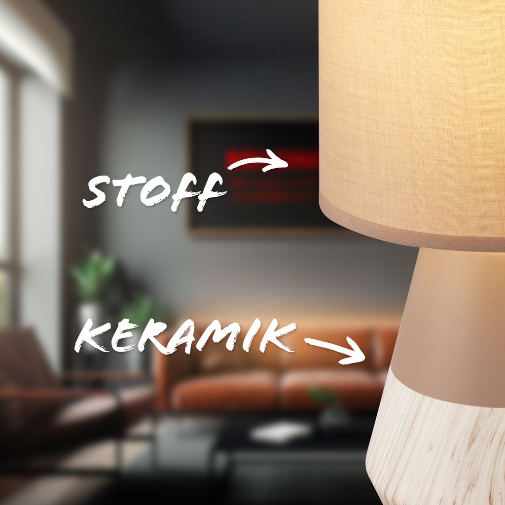 Linda Tischlampe - mit Schalter, Keramik, E14 Fassung, Beige-Holzoptik