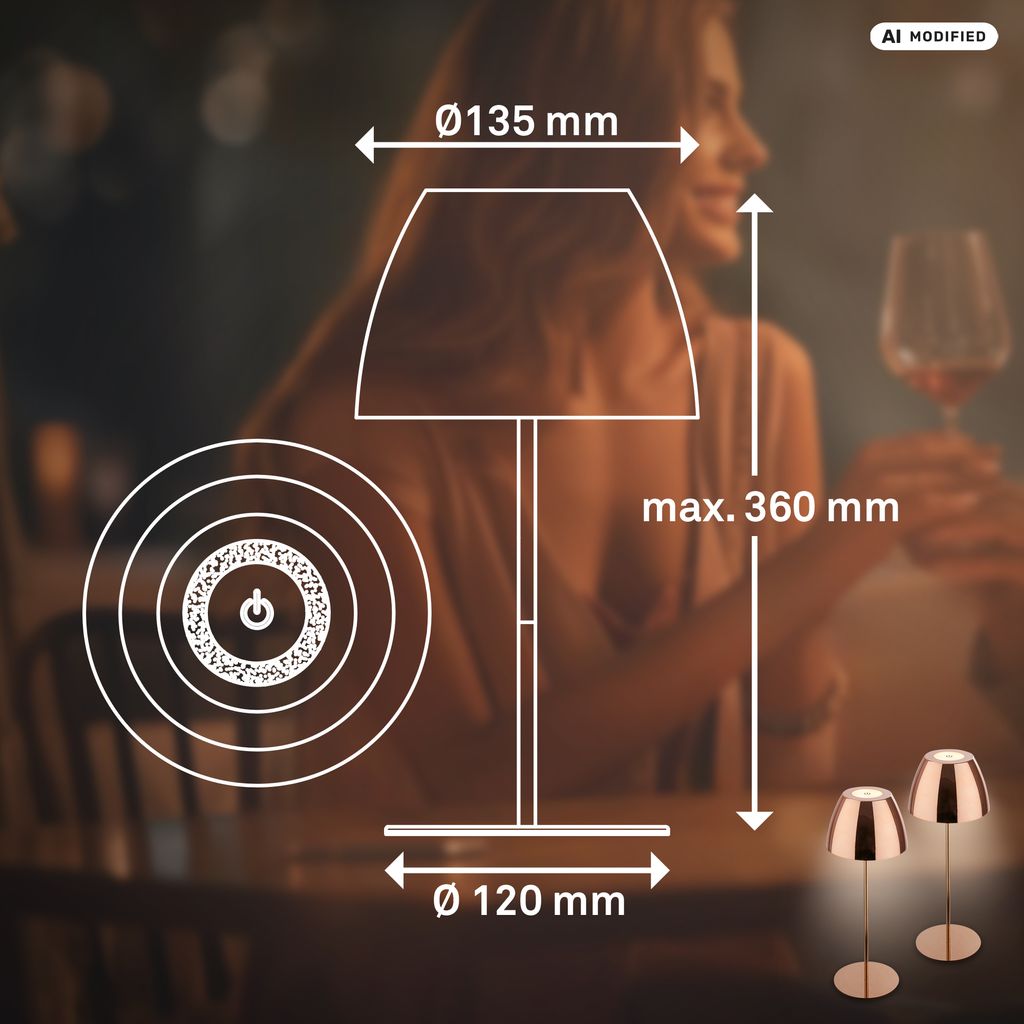 Serina Tischlampe 2er Set - 2,5W, 200lm, Kabellos, LED, Touch, Dimmbar, Kupferfarbe