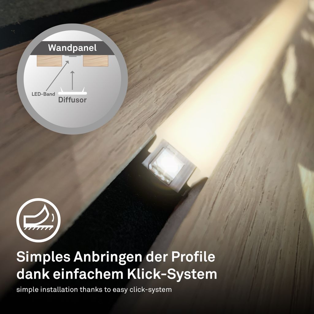 Erweiterungs-SET LED Strip An/Aus für Wandpaneele 260 cm, Warmweiß, kürzbar, selbstklebend, Weiß