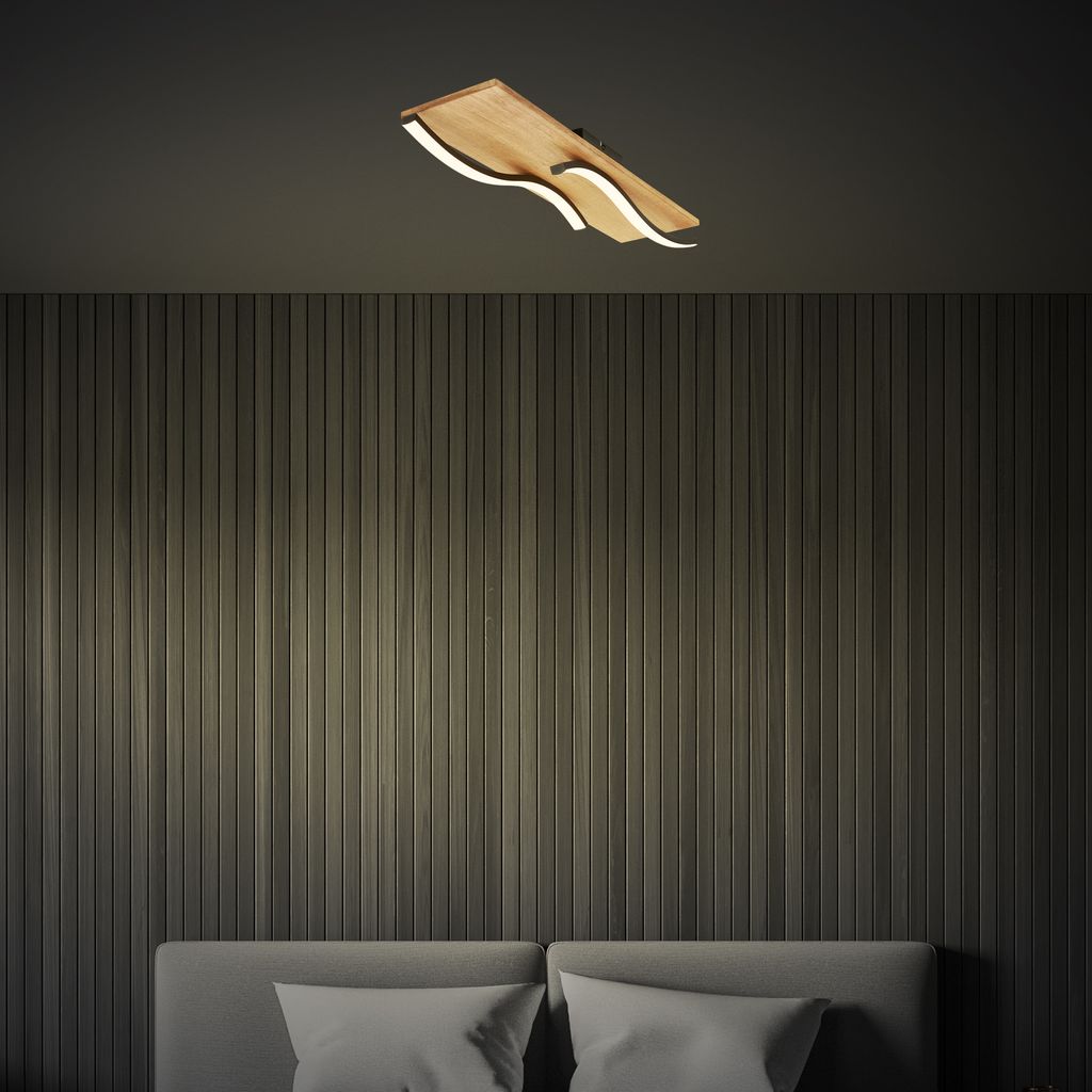 Vinka LED Deckenlampe, wellenform, Holzdekor, warmweißes Licht, Schwarz-Holz, 55cm Länge