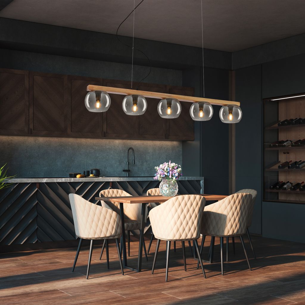 Pendant lamp. with wood. smoked glass. 5xE14/max.1 6