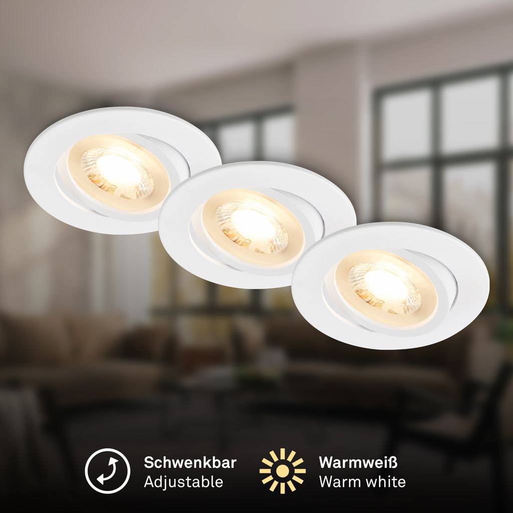 Piwo Einbauspots 68mm 3er Set - 230V, 4,7W, 400lm, Schwenkbar, Warmweiß, Weiß