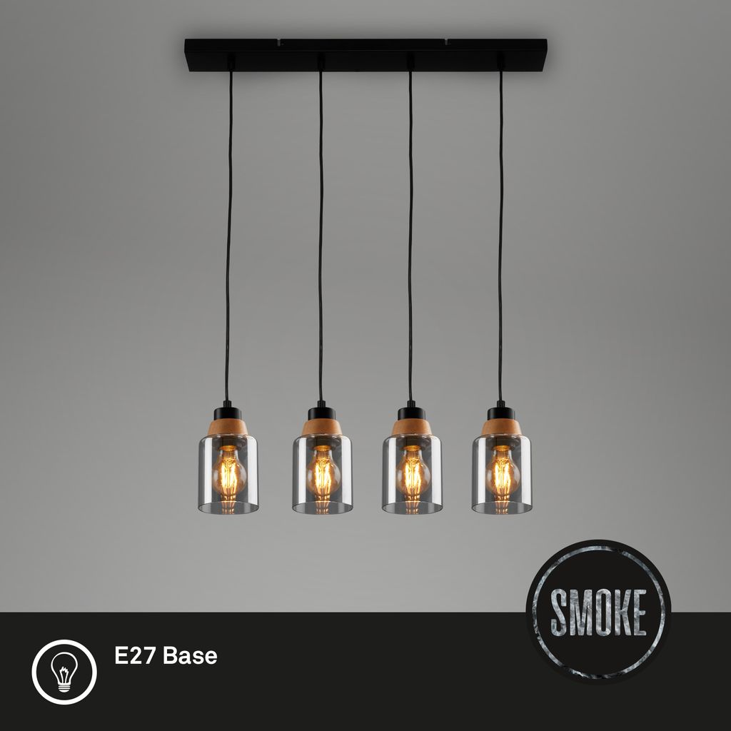 Pendant light. with wood. smoked glass. 4xE27/max. 2