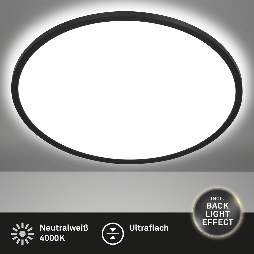 Briloner Slim LED Deckenleuchte, Backlight, Flach, Rund, 29,3cm, Schwarz