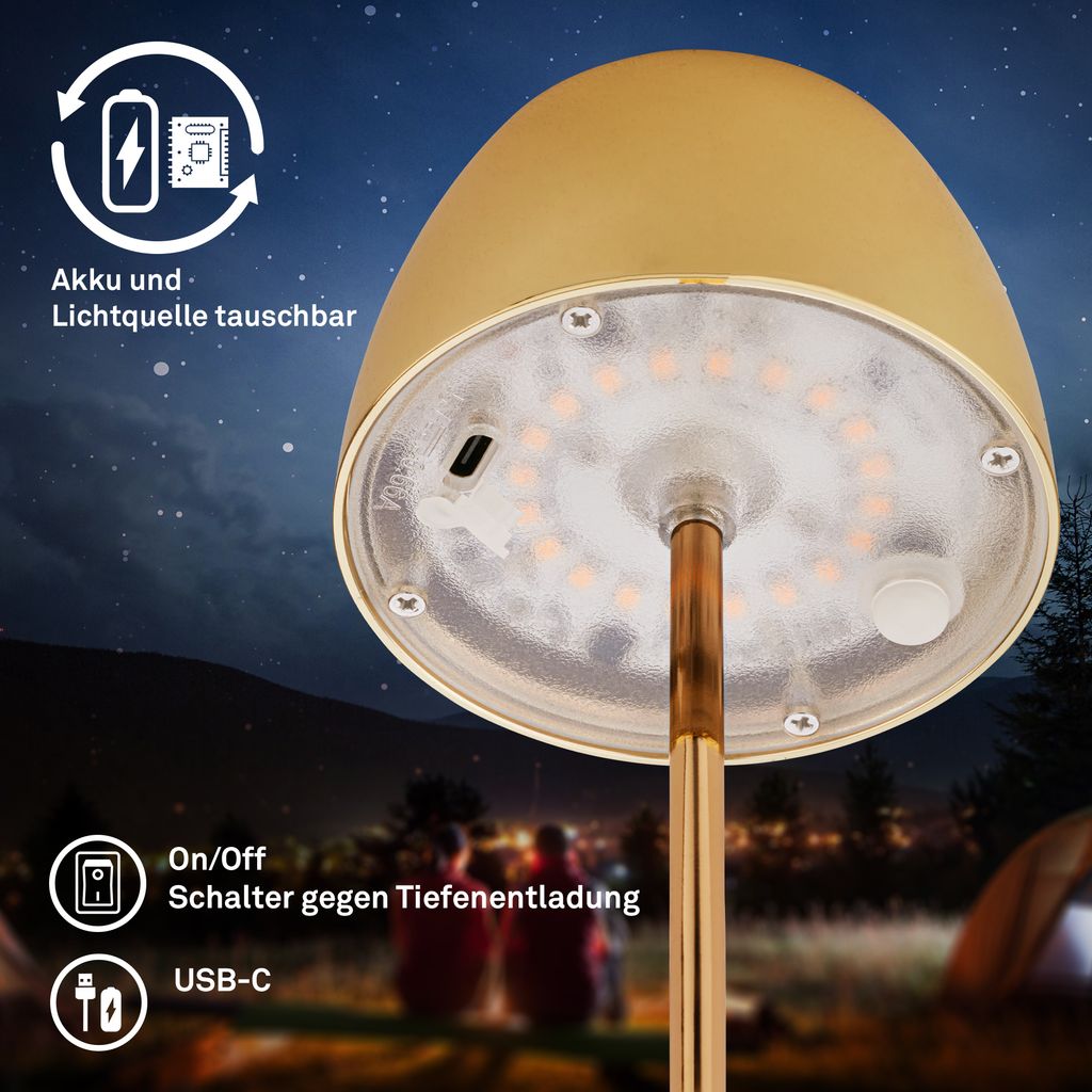 Serina Mini LED Tischlampe kabellos IP44, Dimmbar, Touch, 2er Set, Goldfarbig