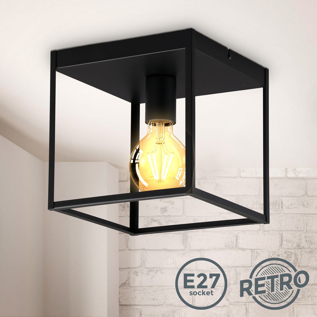 B.K.Licht ceiling light, E27 socket, bulb not included, black metal, cage shape, small cube, side 22cm/8.6in, flush mount ceiling lamp for entrance or hallway