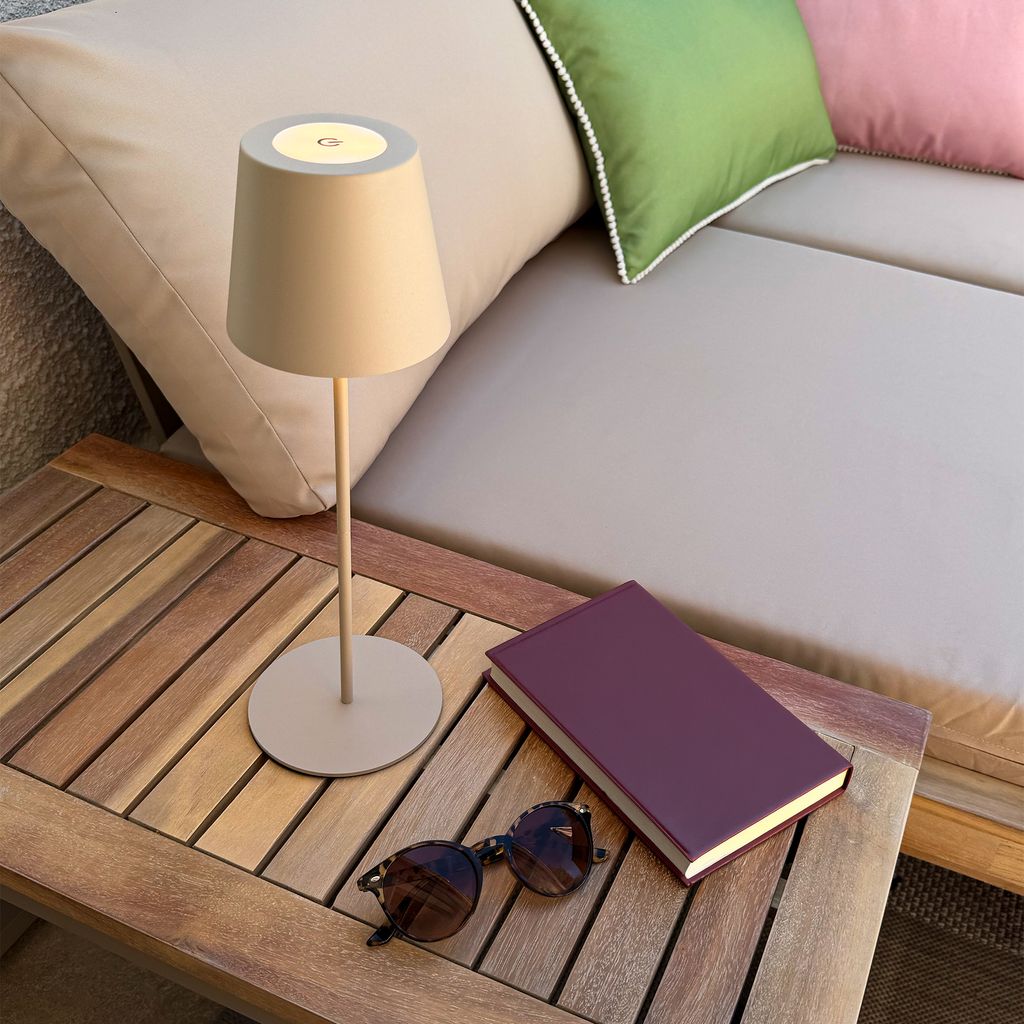 Rechargeable LED table lamp, touch, IP44, height-adjustable, beige