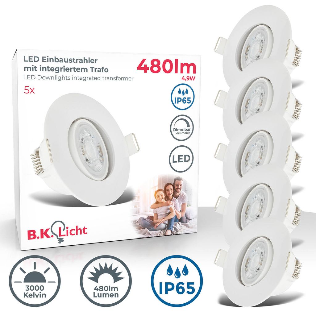 Einbaustrahler 68mm 5er Set - 230V, 4,9W, 480lm, LED, dimmbar, IP65, warmweiß, weiß