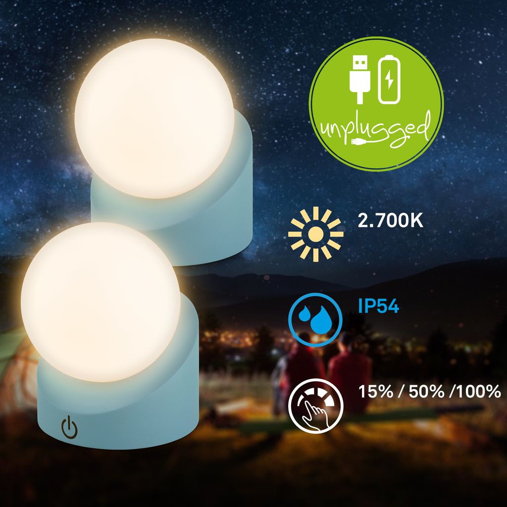 Sora Mini LED Tischlampe kabellos IP54, Dimmbar, Touch, 2er Set, Blau