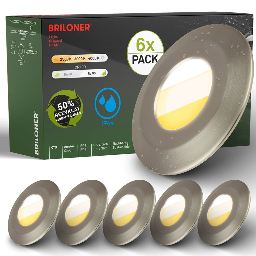 6er Set LED Bad Einbaustrahler Ø90 mm ? IP44, CTS, flach, 5W, 520 lm, 230V, Nickel-Matt