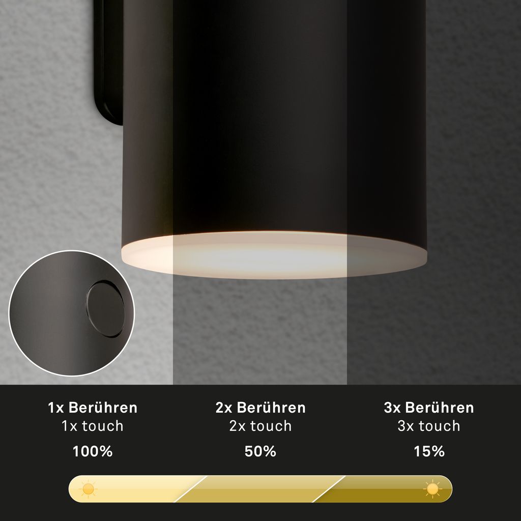 Lima LED Wandleuchte Aussen, Akku, Touchdimmer 3 stufig, Timer, Schwarz