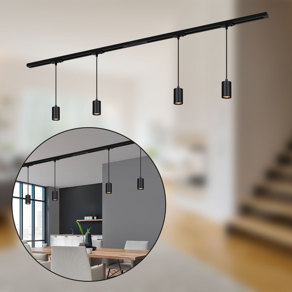 Briloner Rail Schienensystem. Komplettset. 4x GU10 Pendel. Einspeisung. Schwarz. 1.5 m 1