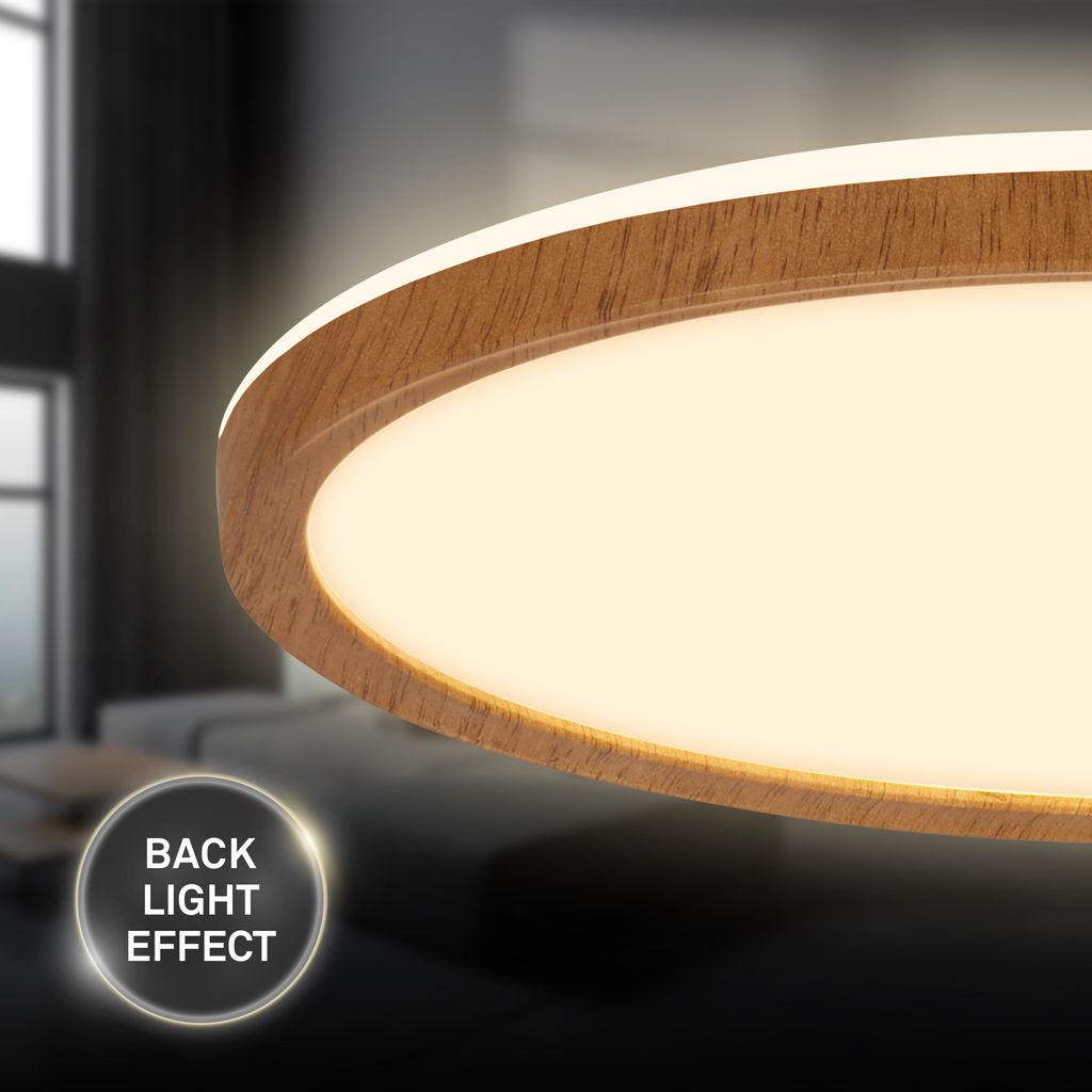 Tava Wood LED Deckenlampe, Backlight, Flach, Holzoptik, Rund 29 cm