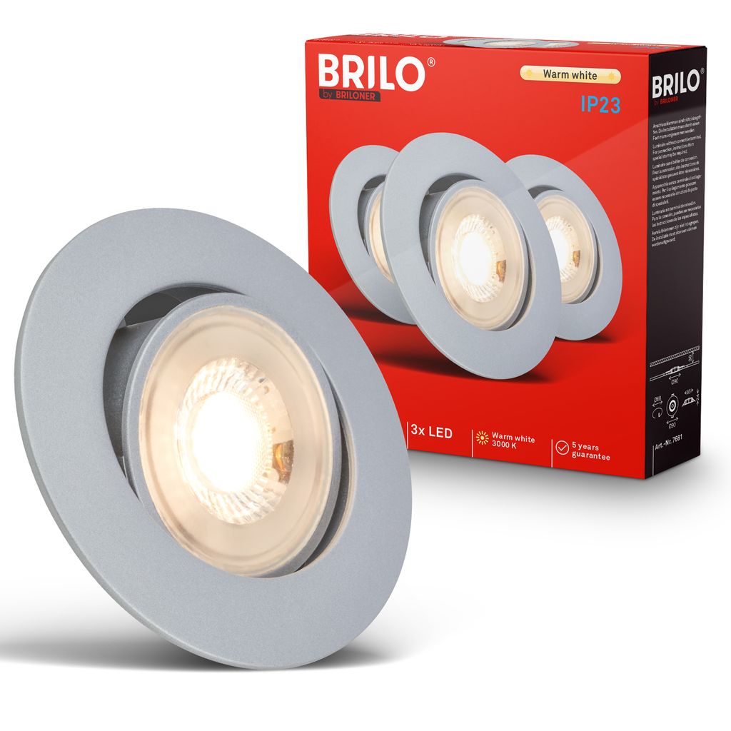 Show LED Recessed Spotlights 68mm, Set of 3 - 230V, 4.9W, 480lm, LED, Warm White, Matt Chrome