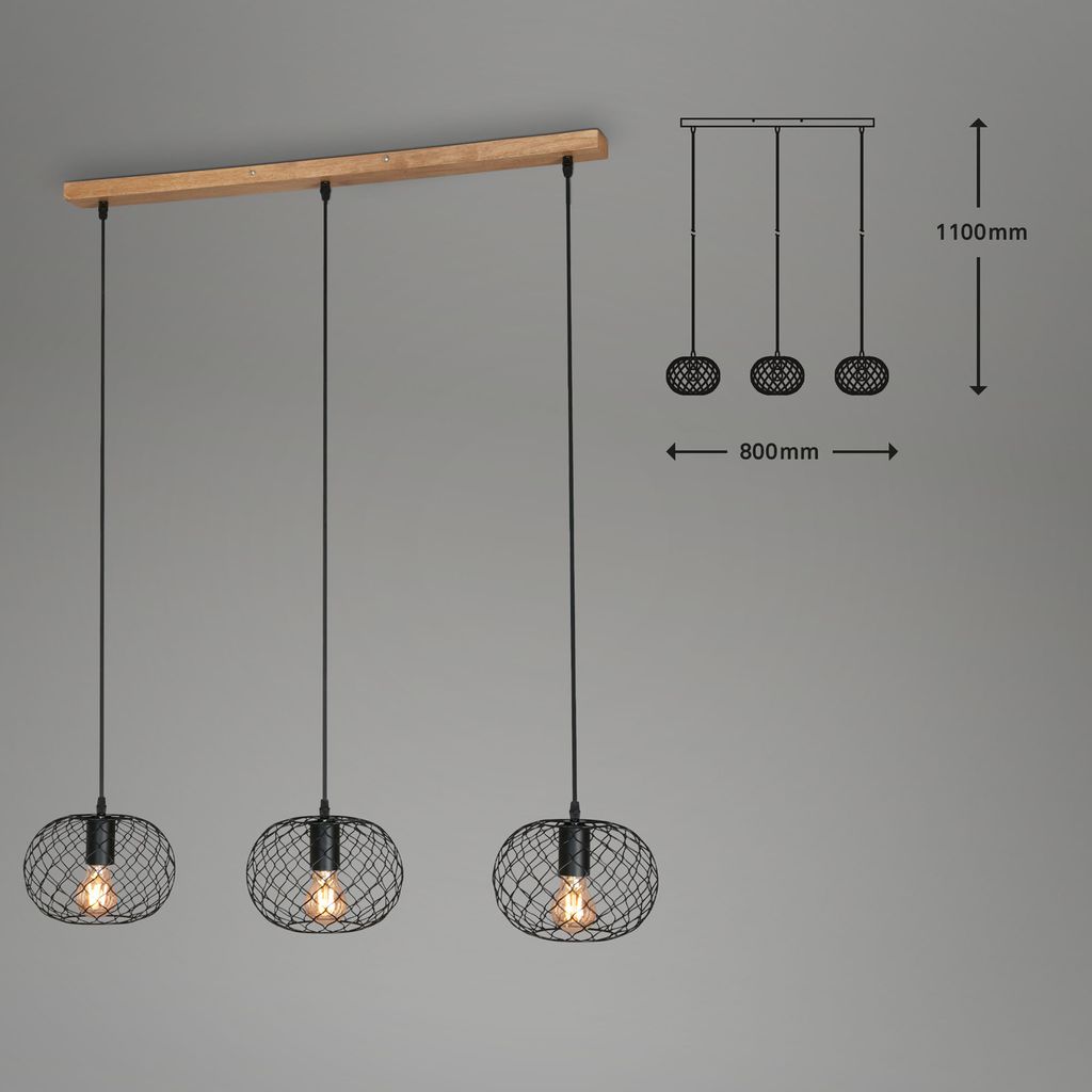 Pendelleuchte Vintage Drahtschirm 3xE27 schwarz max.40W Metall-Holz Briloner 6